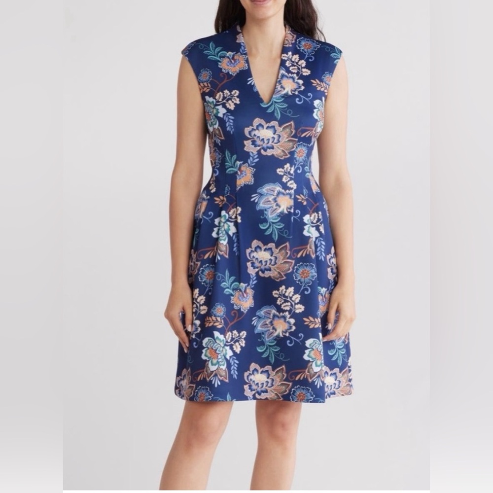 Vince Camuto Floral Scuba Knit Fit & Flare Dress in Navy Multi